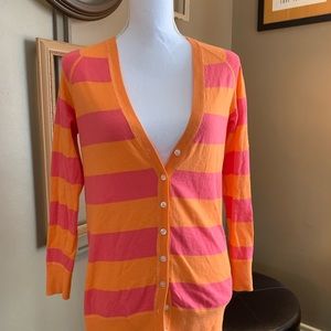 Lands End Canvas long cardigan. Pink/orange stripe. Very soft. Ribbed cuffs. EUC